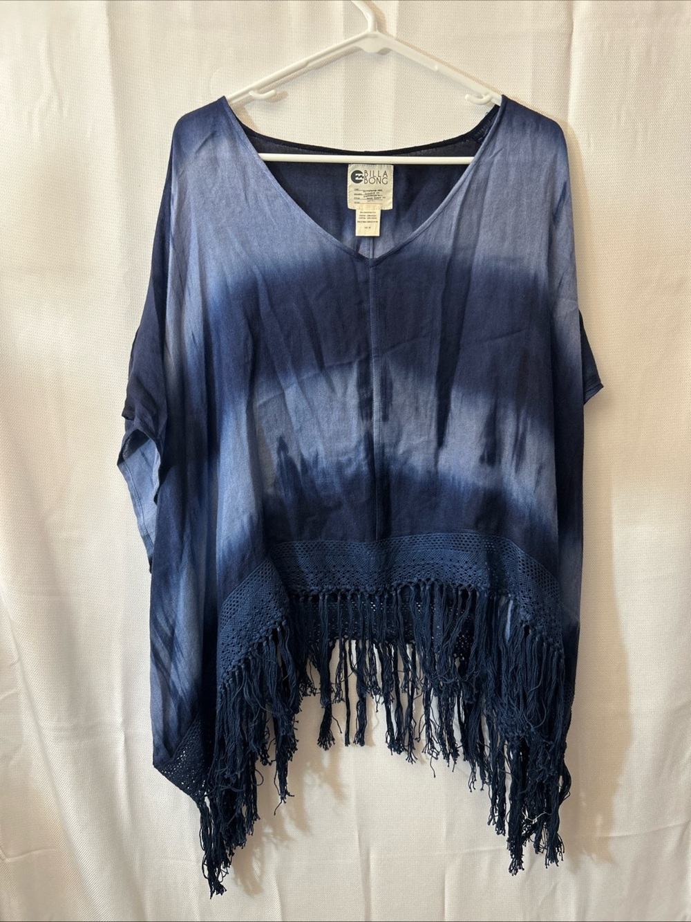 Billabong Navy Blue Ombre‎ Tie Dye V-Neck Cover-Up Poncho Fringe Boho Festival M
